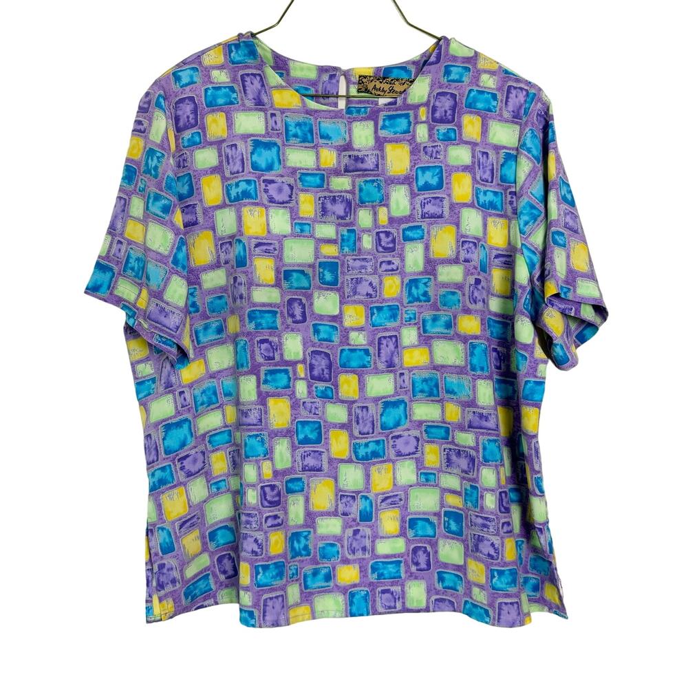 Ashley Stewart short sleeve abstract square purple blue yellow blouse Size‎ XL